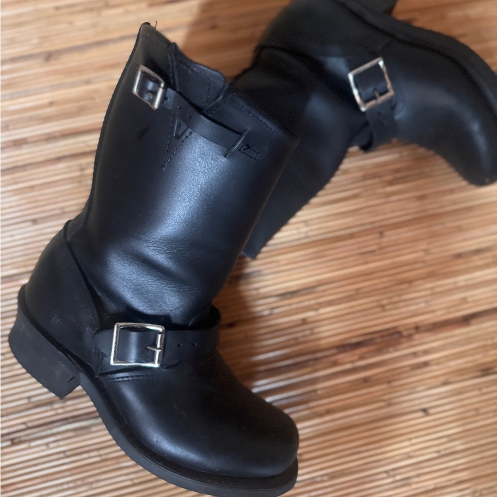 Frye Black Leather Engineer Moto Boots